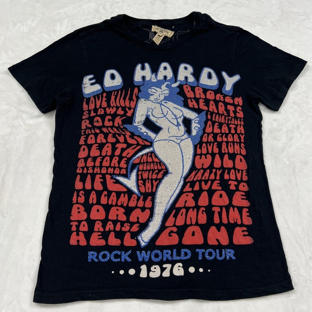 Ed Hardy Graphic Tee Womens L Black Rock World Tour 1976 Rhinestone Devil Girl